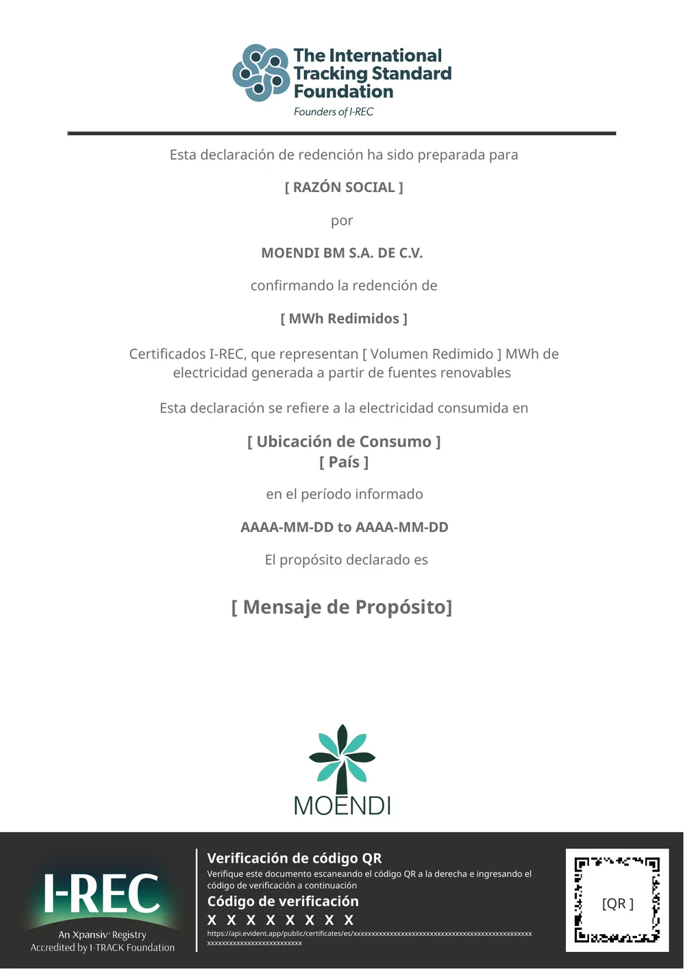 Ejemplo de declaración de redención de I-RECs